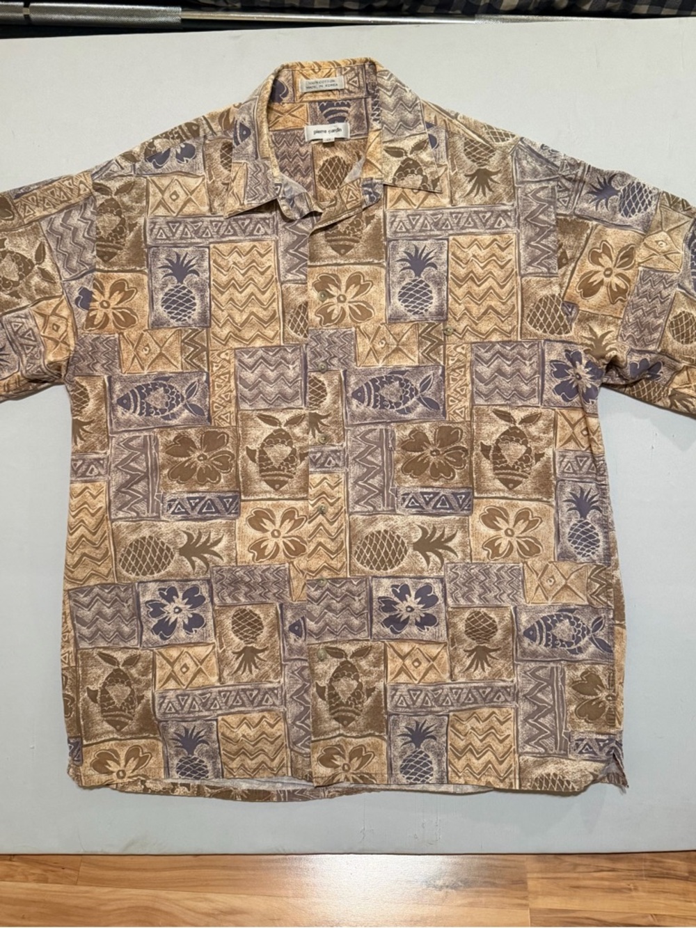 Vintage Pierre Cardin Hawaiian Shirt Mens Tan Tropical Camp Aloha - Large/Tall - Picture 2 of 5